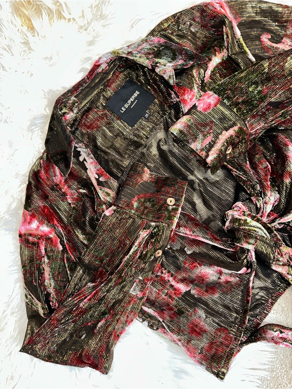 Le Superbe Velvet Floral Blouse in Olive & Pink - Picture 9 of 16
